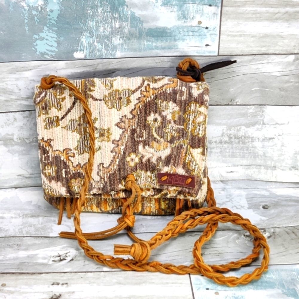 Small boho Crossbody Vintage Fold Over Bag Damask Fabric Braided Leather Strap